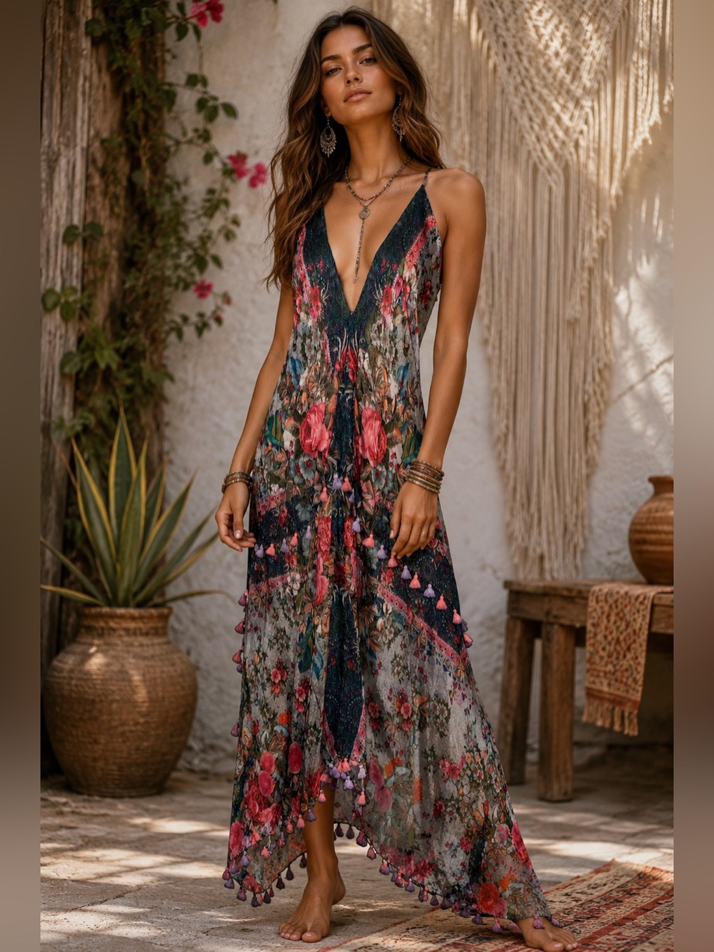 Aratta M Floral Boho V-Neck Maxi Dress in Gray and Pink